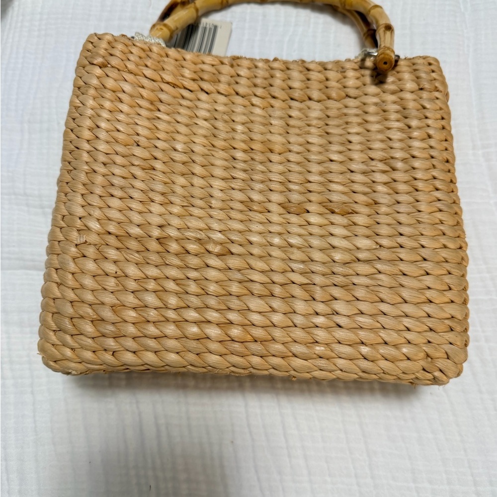 Handwoven Straw Bamboo Handle Purse “Hawaii” Leaf Design Beach Resort Tote Bag - Picture 3 of 8